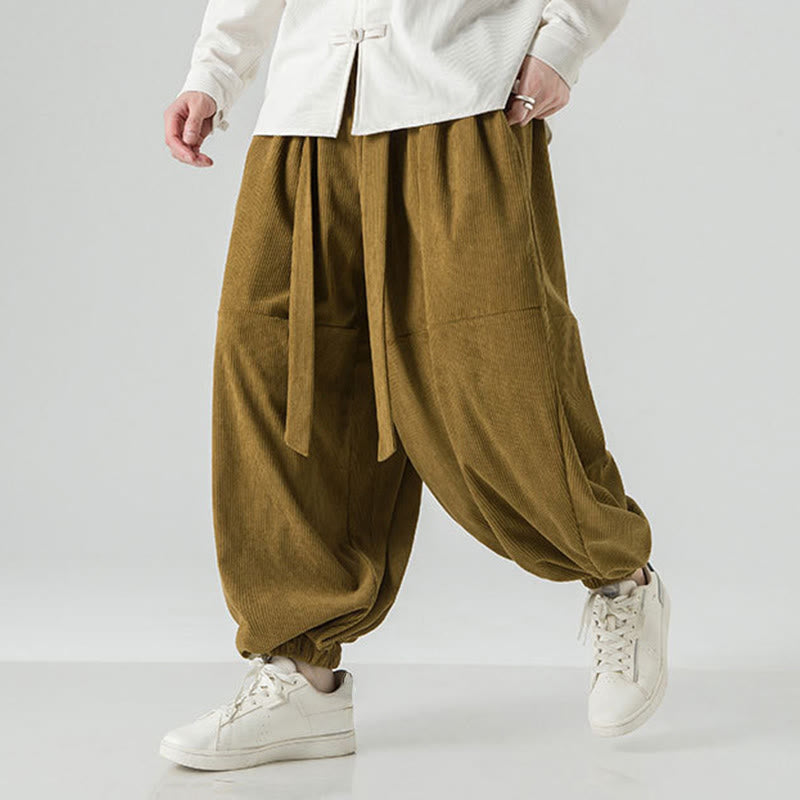 Winter Solid Color Men's Harem Pure Cotton Corduroy Pants With Pockets