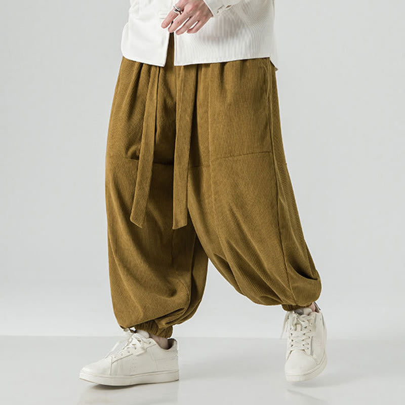 Winter Solid Color Men's Harem Pure Cotton Corduroy Pants With Pockets