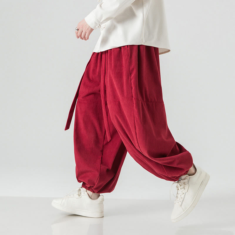 Winter Solid Color Men's Harem Pure Cotton Corduroy Pants With Pockets
