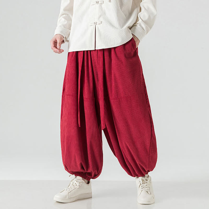 Winter Solid Color Men's Harem Pure Cotton Corduroy Pants With Pockets
