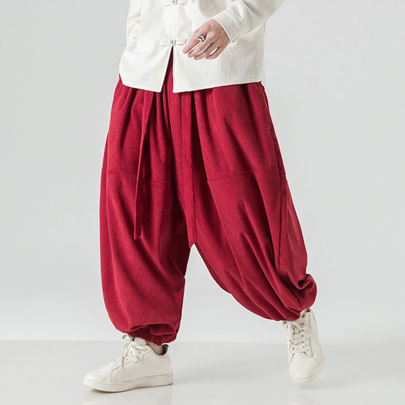 Winter Solid Color Men's Harem Pure Cotton Corduroy Pants With Pockets
