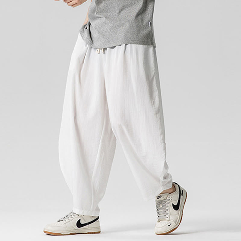 Summer Pure Color Drawstring Men's Cotton Ankle-Length Pants With Pockets