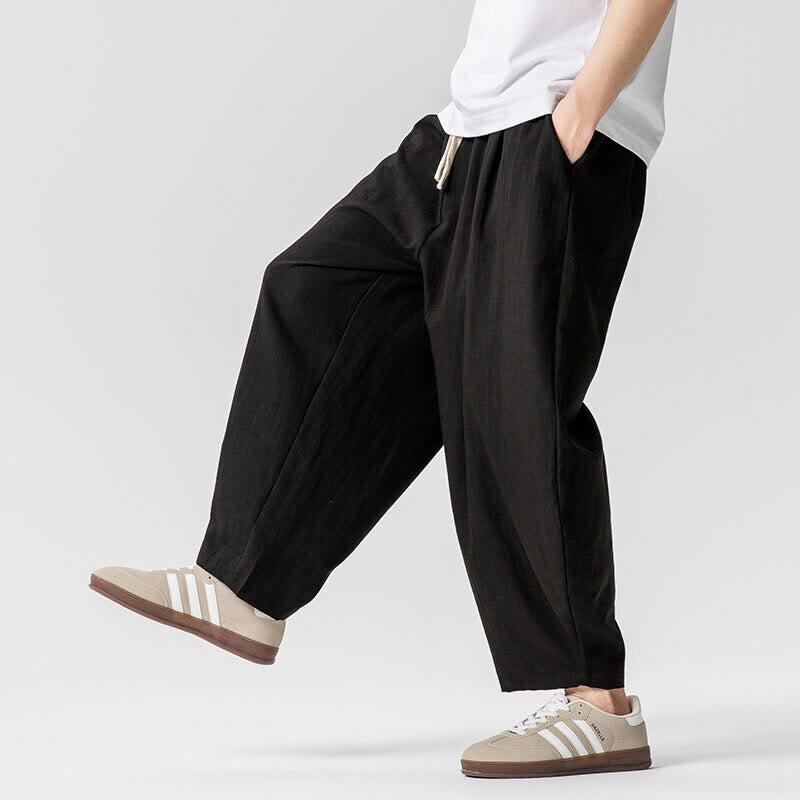 Summer Pure Color Drawstring Men's Cotton Ankle-Length Pants With Pockets