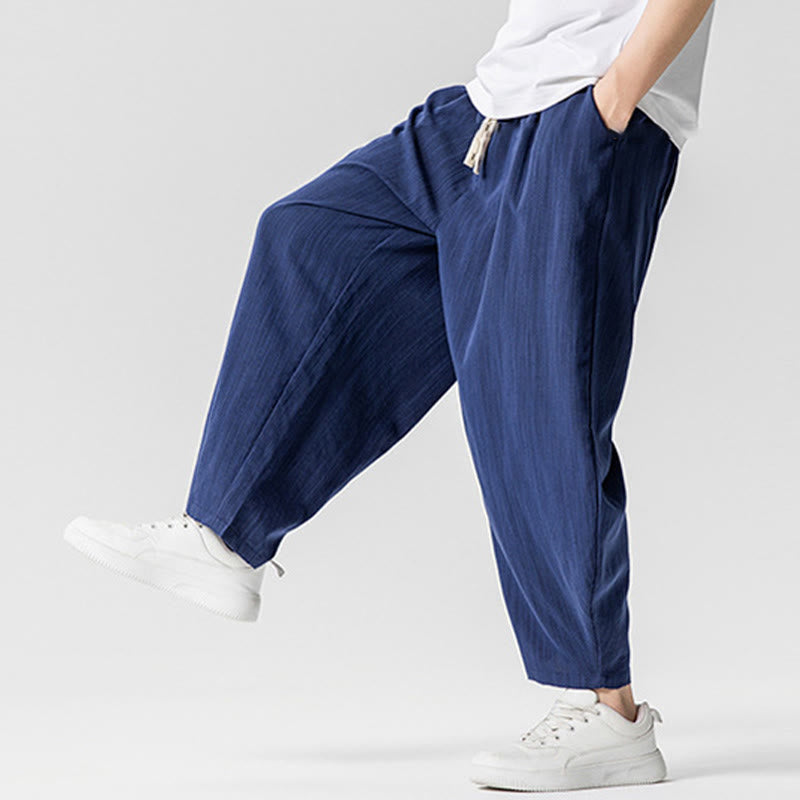 Summer Pure Color Drawstring Men's Cotton Ankle-Length Pants With Pockets