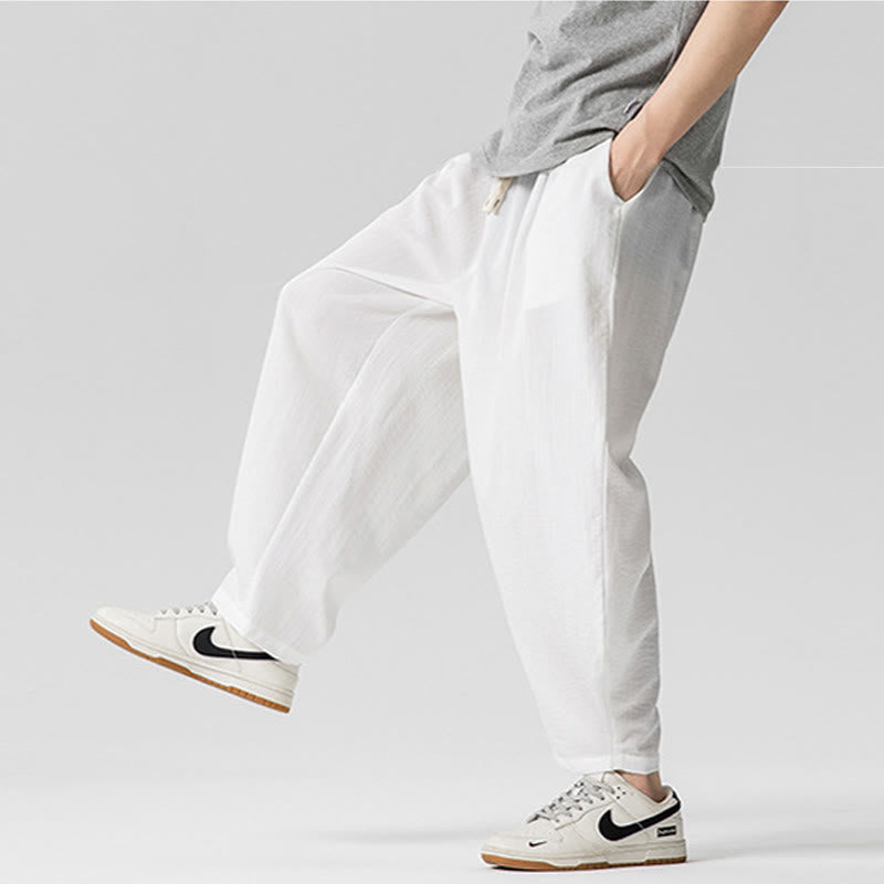 Summer Pure Color Drawstring Men's Cotton Ankle-Length Pants With Pockets