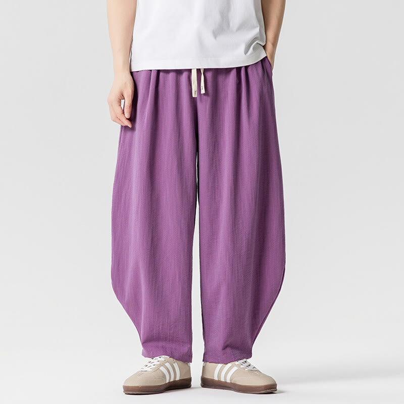 Summer Pure Color Drawstring Men's Cotton Ankle-Length Pants With Pockets