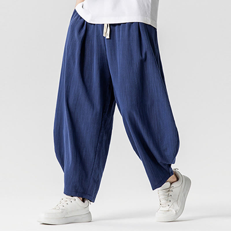 Summer Pure Color Drawstring Men's Cotton Ankle-Length Pants With Pockets