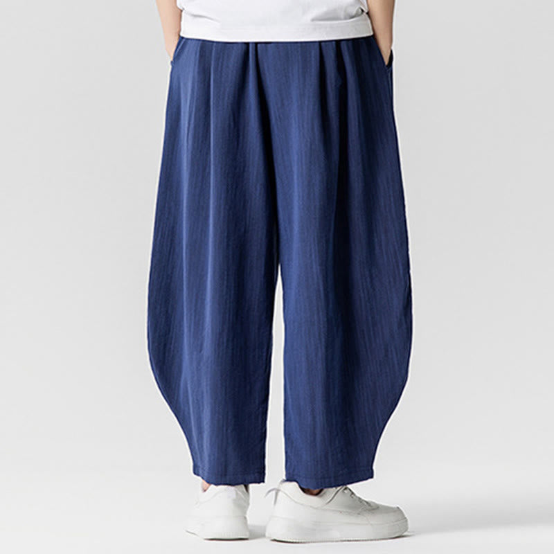 Summer Pure Color Drawstring Men's Cotton Ankle-Length Pants With Pockets