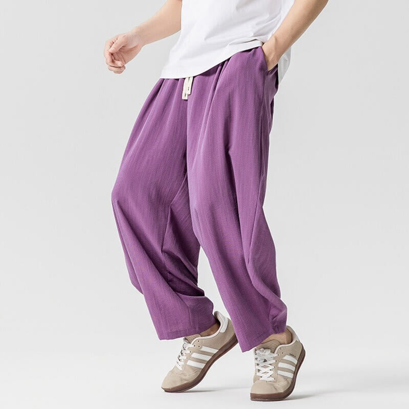 Summer Pure Color Drawstring Men's Cotton Ankle-Length Pants With Pockets