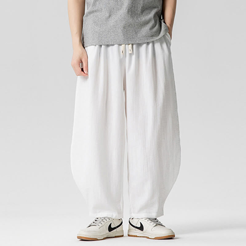 Summer Pure Color Drawstring Men's Cotton Ankle-Length Pants With Pockets