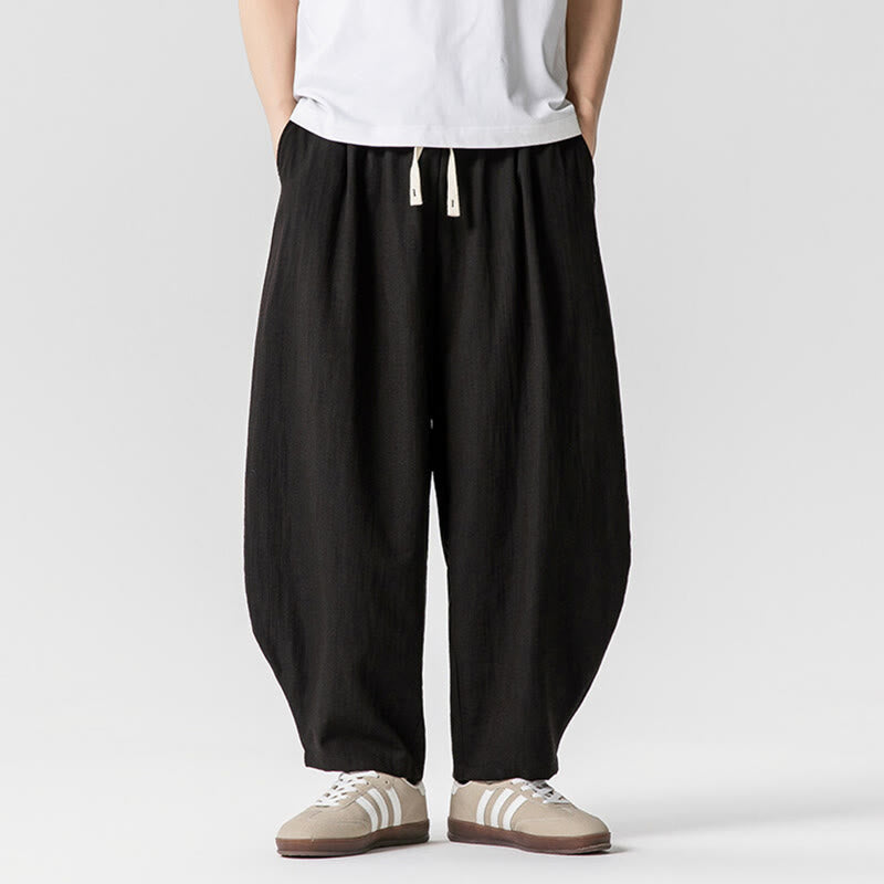 Summer Pure Color Drawstring Men's Cotton Ankle-Length Pants With Pockets