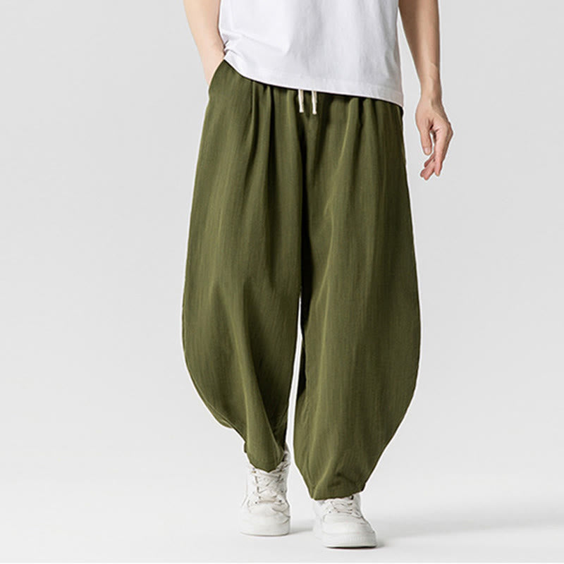 Summer Pure Color Drawstring Men's Cotton Ankle-Length Pants With Pockets
