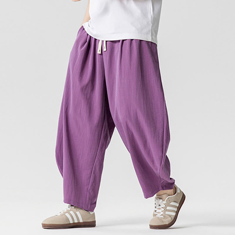 Summer Pure Color Drawstring Men's Cotton Ankle-Length Pants With Pockets