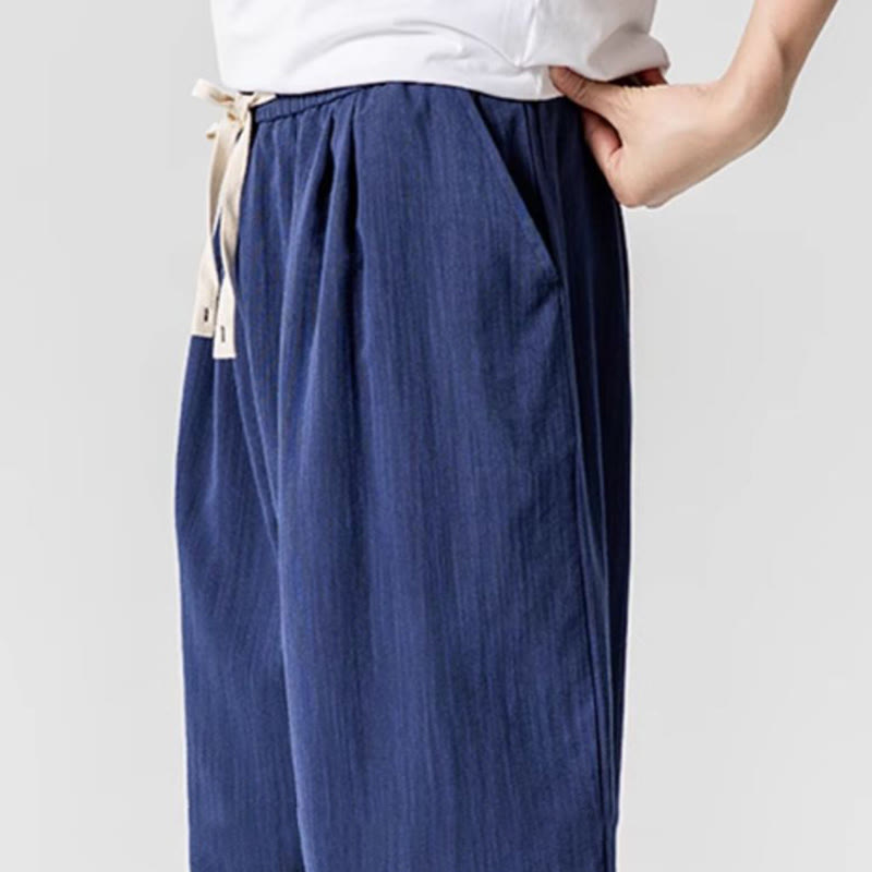 Summer Pure Color Drawstring Men's Cotton Ankle-Length Pants With Pockets