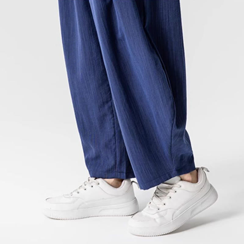 Summer Pure Color Drawstring Men's Cotton Ankle-Length Pants With Pockets