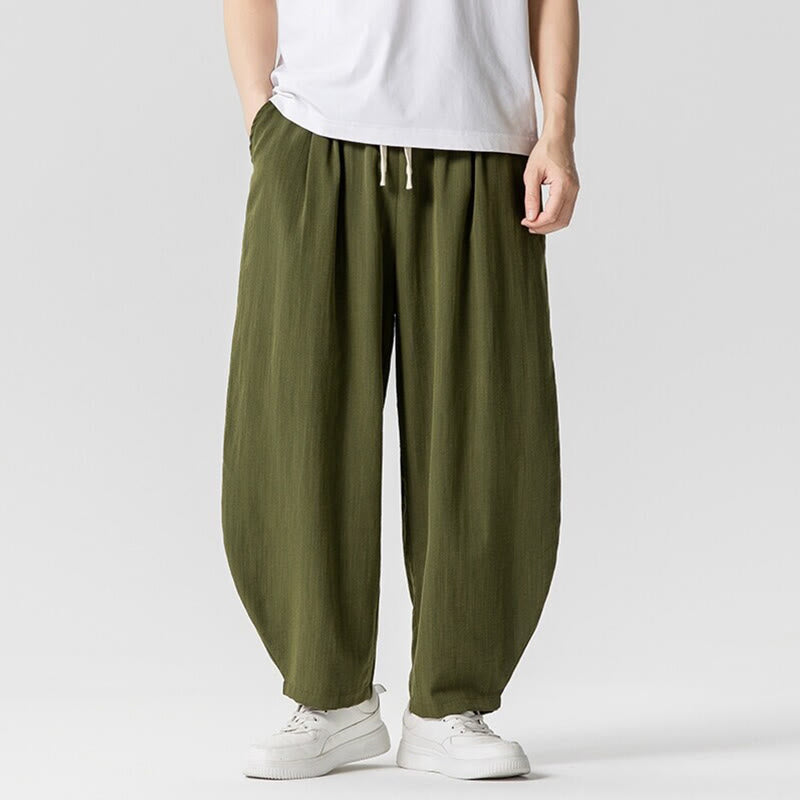 Summer Pure Color Drawstring Men's Cotton Ankle-Length Pants With Pockets