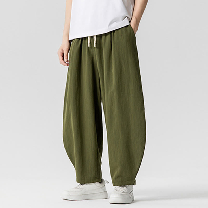 Summer Pure Color Drawstring Men's Cotton Ankle-Length Pants With Pockets