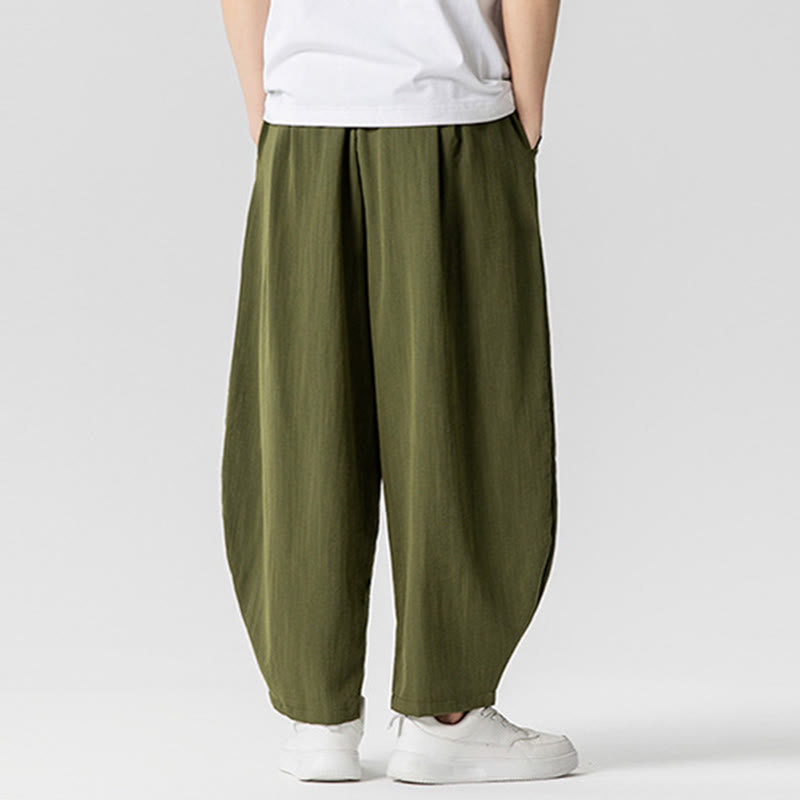 Summer Pure Color Drawstring Men's Cotton Ankle-Length Pants With Pockets