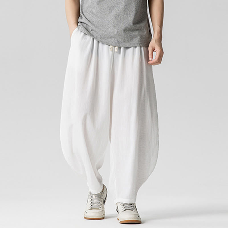 Summer Pure Color Drawstring Men's Cotton Ankle-Length Pants With Pockets