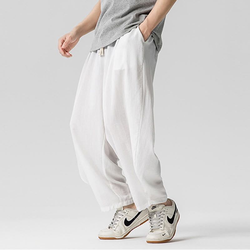Summer Pure Color Drawstring Men's Cotton Ankle-Length Pants With Pockets