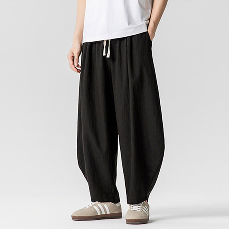 Summer Pure Color Drawstring Men's Cotton Ankle-Length Pants With Pockets