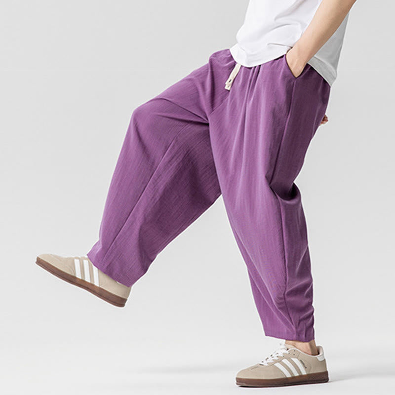 Summer Pure Color Drawstring Men's Cotton Ankle-Length Pants With Pockets