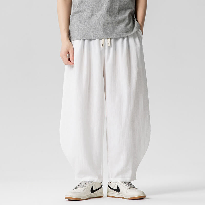 Summer Pure Color Drawstring Men's Cotton Ankle-Length Pants With Pockets