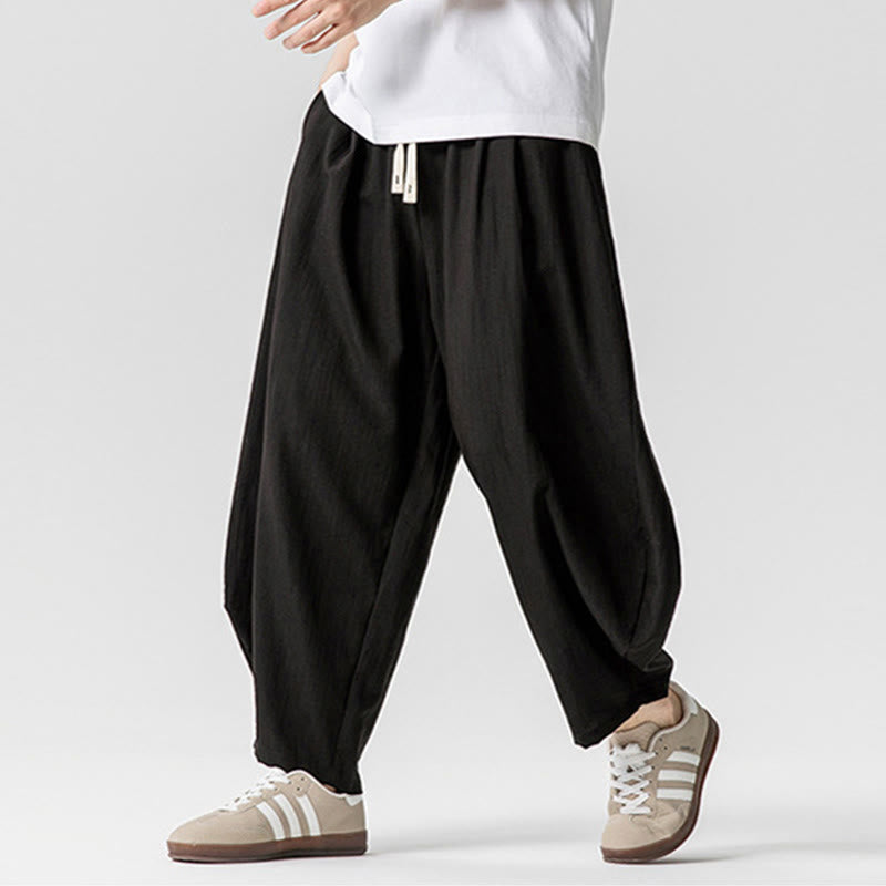 Summer Pure Color Drawstring Men's Cotton Ankle-Length Pants With Pockets