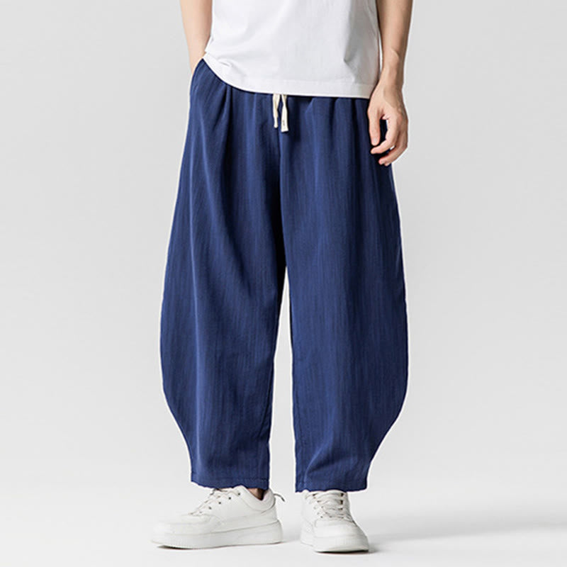 Summer Pure Color Drawstring Men's Cotton Ankle-Length Pants With Pockets