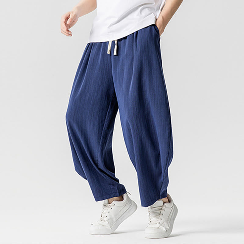Summer Pure Color Drawstring Men's Cotton Ankle-Length Pants With Pockets