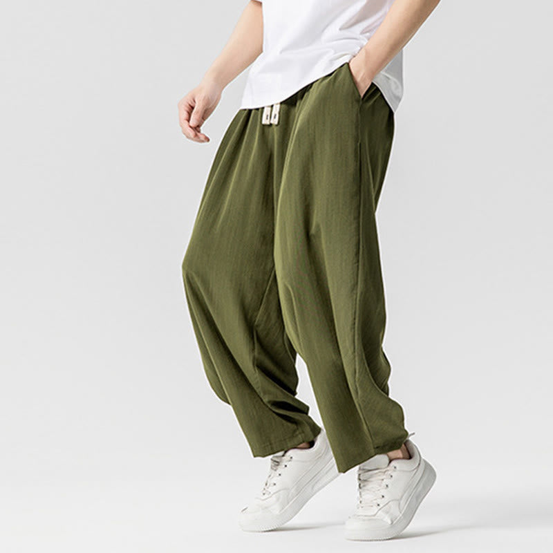 Summer Pure Color Drawstring Men's Cotton Ankle-Length Pants With Pockets