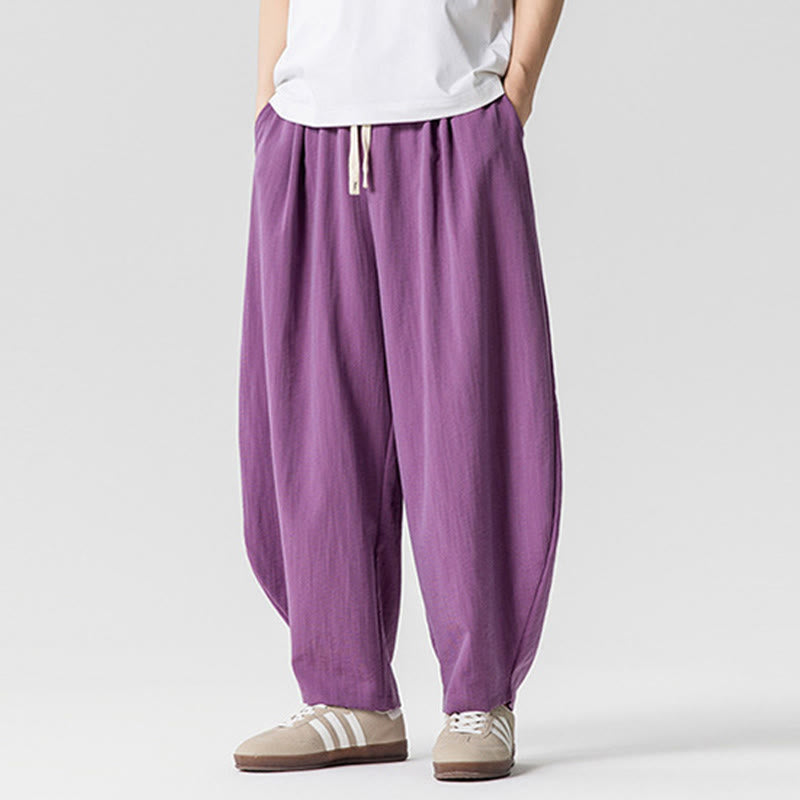 Summer Pure Color Drawstring Men's Cotton Ankle-Length Pants With Pockets