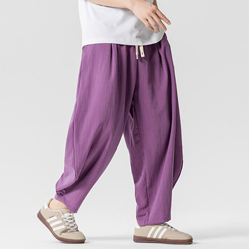 Summer Pure Color Drawstring Men's Cotton Ankle-Length Pants With Pockets