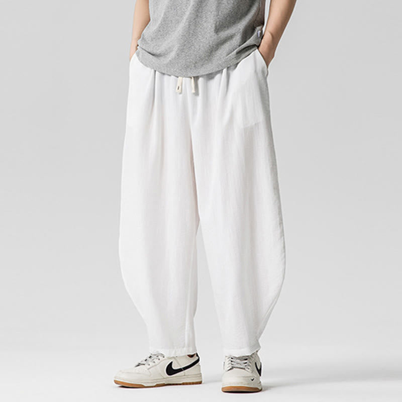 Summer Pure Color Drawstring Men's Cotton Ankle-Length Pants With Pockets