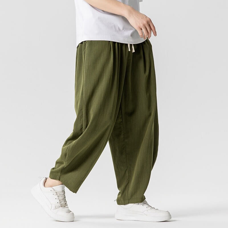 Summer Pure Color Drawstring Men's Cotton Ankle-Length Pants With Pockets