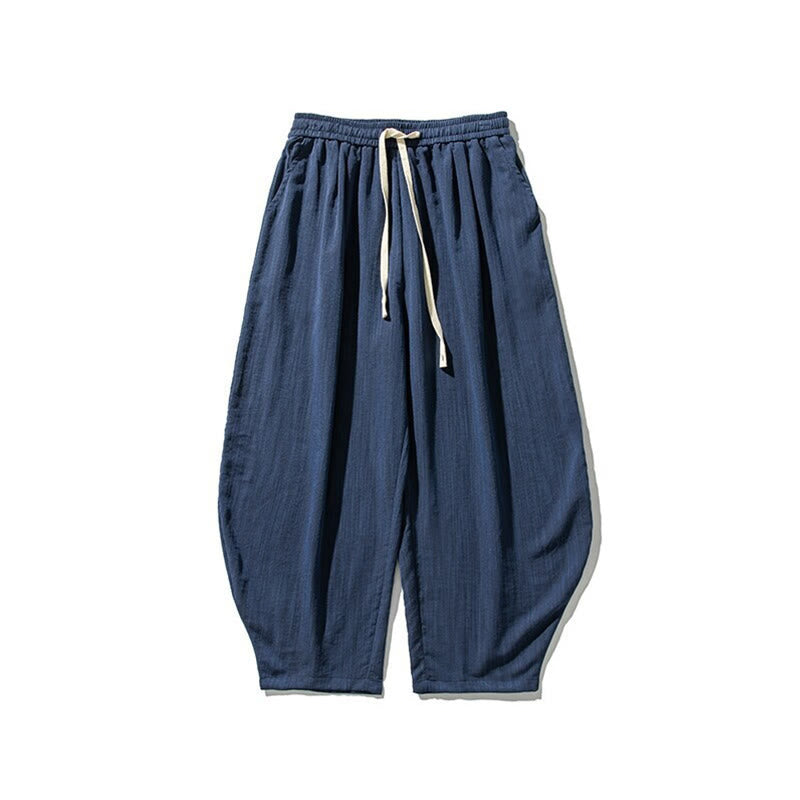 Summer Pure Color Drawstring Men's Cotton Ankle-Length Pants With Pockets