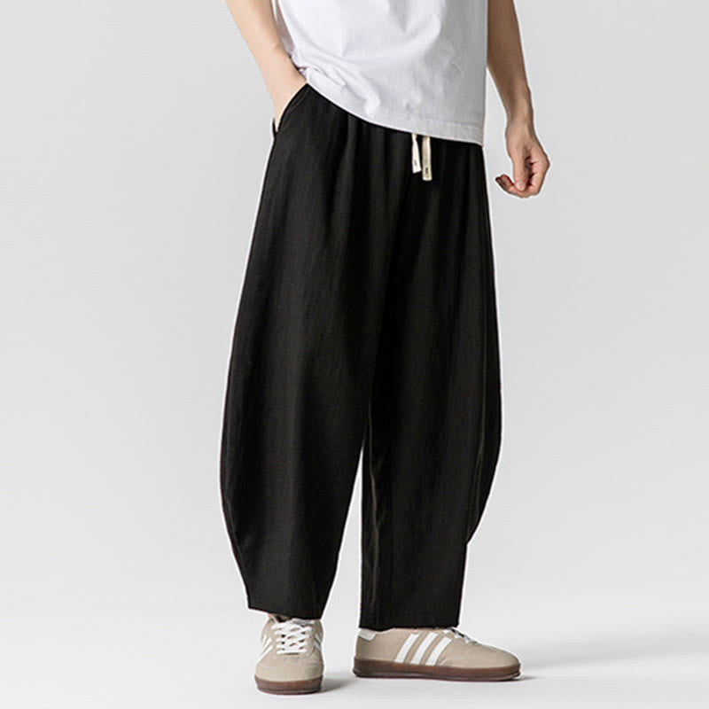 Summer Pure Color Drawstring Men's Cotton Ankle-Length Pants With Pockets