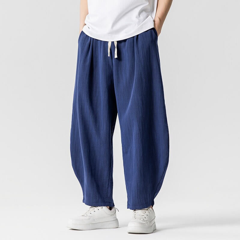 Summer Pure Color Drawstring Men's Cotton Ankle-Length Pants With Pockets