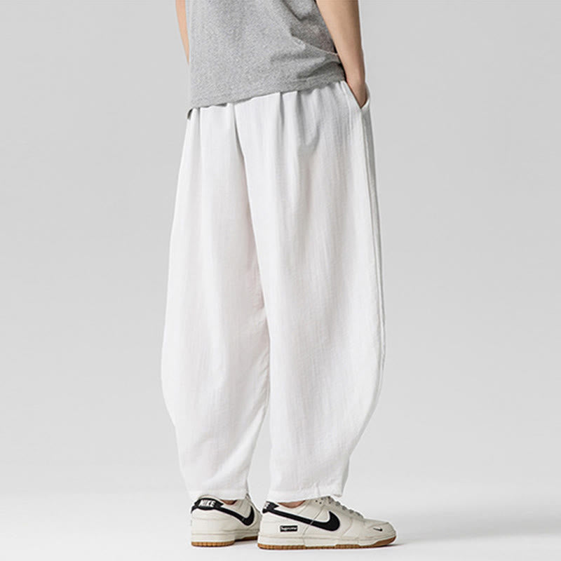 Summer Pure Color Drawstring Men's Cotton Ankle-Length Pants With Pockets