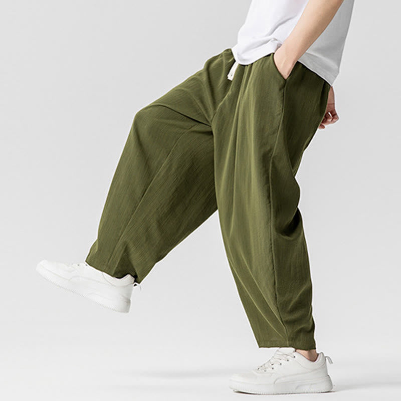 Summer Pure Color Drawstring Men's Cotton Ankle-Length Pants With Pockets