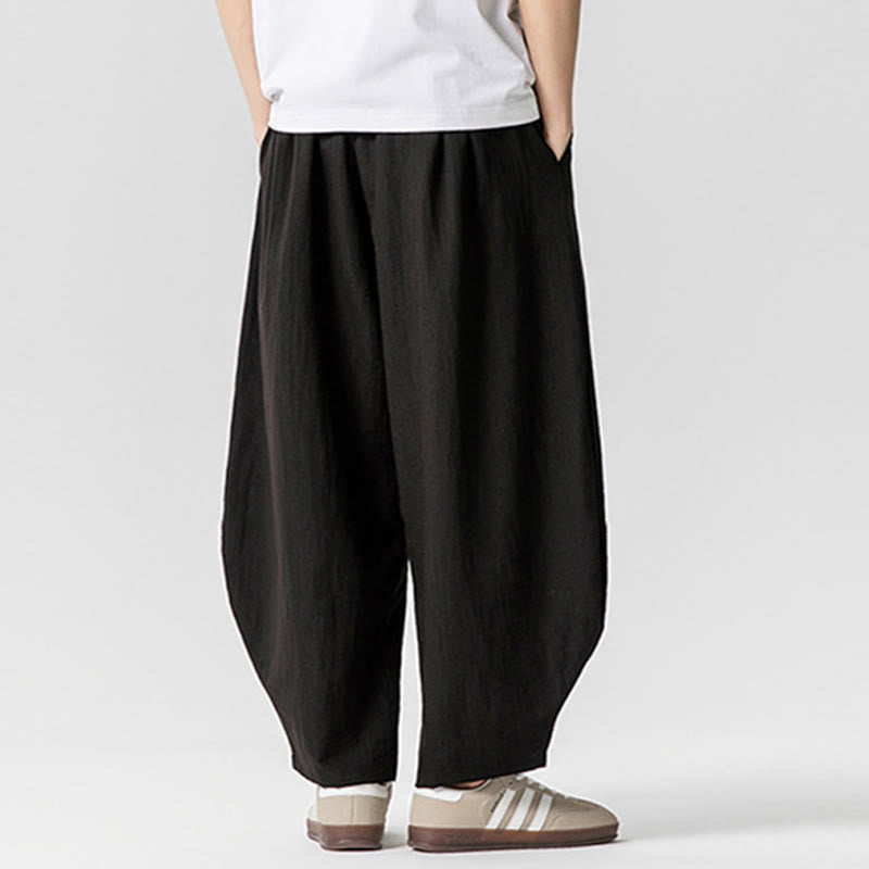 Summer Pure Color Drawstring Men's Cotton Ankle-Length Pants With Pockets
