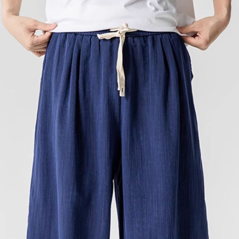 Summer Pure Color Drawstring Men's Cotton Ankle-Length Pants With Pockets