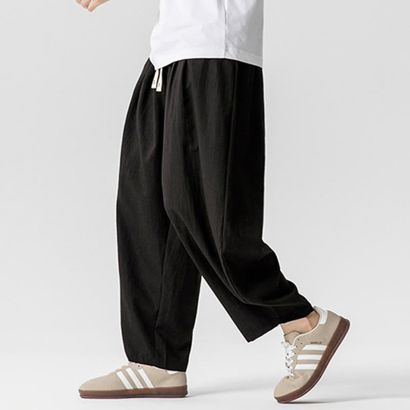 Summer Pure Color Drawstring Men's Cotton Ankle-Length Pants With Pockets