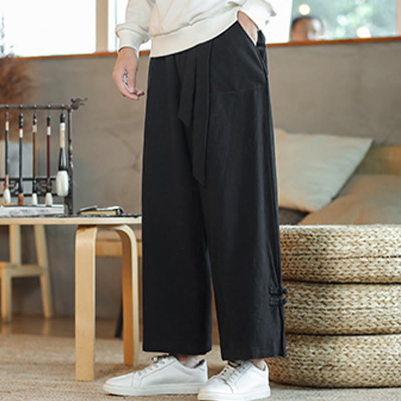 Fall Drawstring Chinese Frog-Button Men's Wide Leg Cotton Pants With Pockets