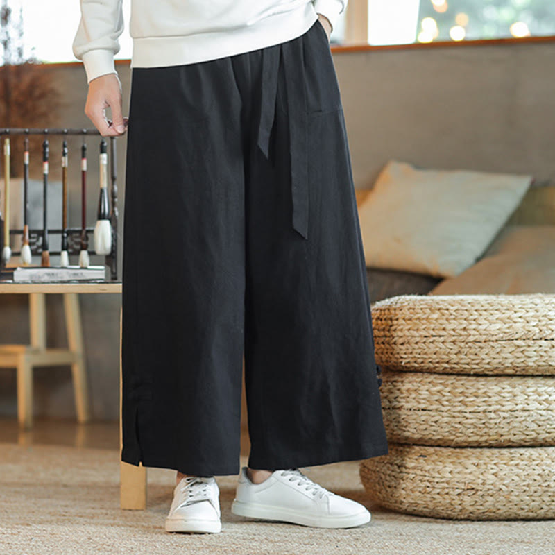 Fall Drawstring Chinese Frog-Button Men's Wide Leg Cotton Pants With Pockets