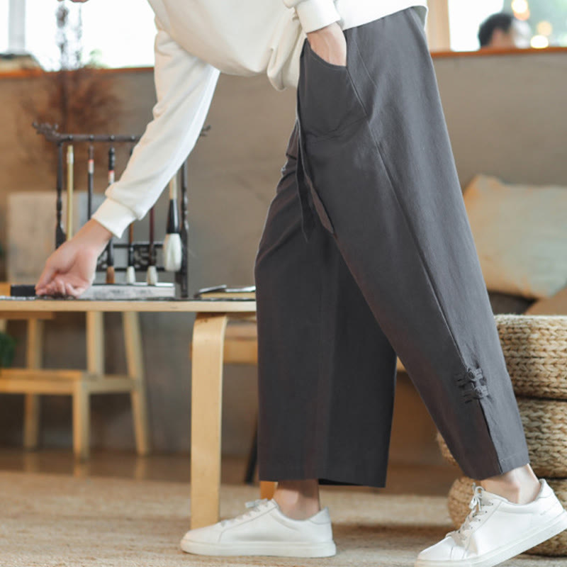 Fall Drawstring Chinese Frog-Button Men's Wide Leg Cotton Pants With Pockets