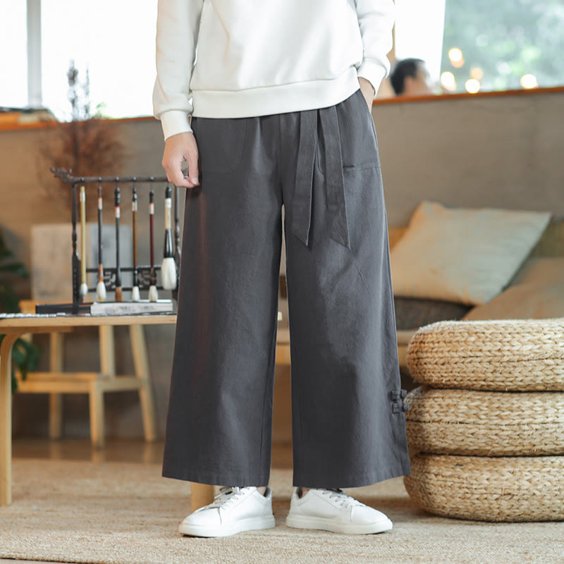 Fall Drawstring Chinese Frog-Button Men's Wide Leg Cotton Pants With Pockets