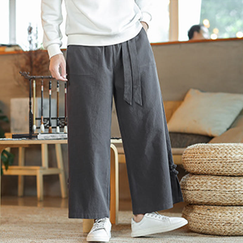 Fall Drawstring Chinese Frog-Button Men's Wide Leg Cotton Pants With Pockets