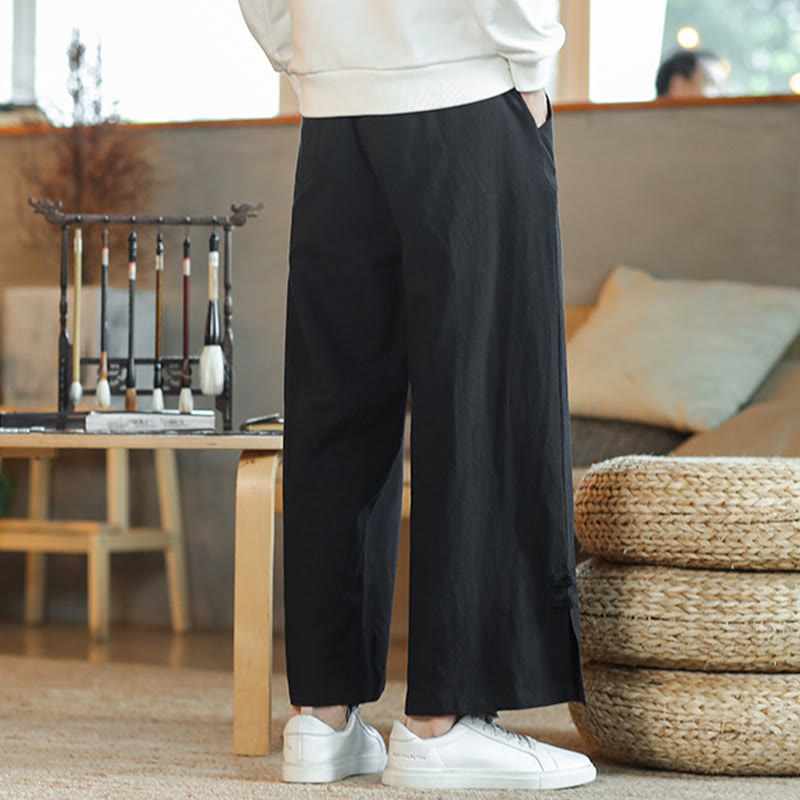 Fall Drawstring Chinese Frog-Button Men's Wide Leg Cotton Pants With Pockets