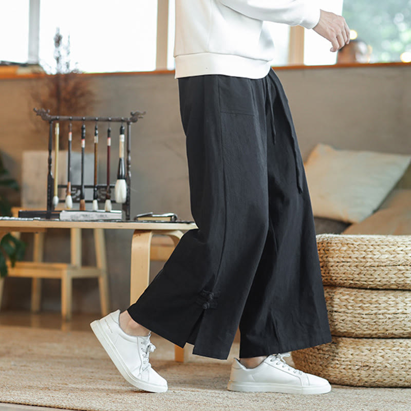 Fall Drawstring Chinese Frog-Button Men's Wide Leg Cotton Pants With Pockets